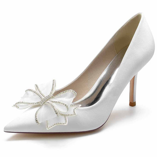 Women's Closed Pointed Toe High Heels with Bow Knot Satin Stiletto Pumps