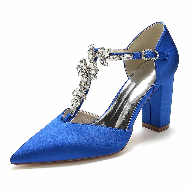 Women's Satin Closed Toe High Heel Ankle Strap Pumps With Beads Chunky Bridel Heels