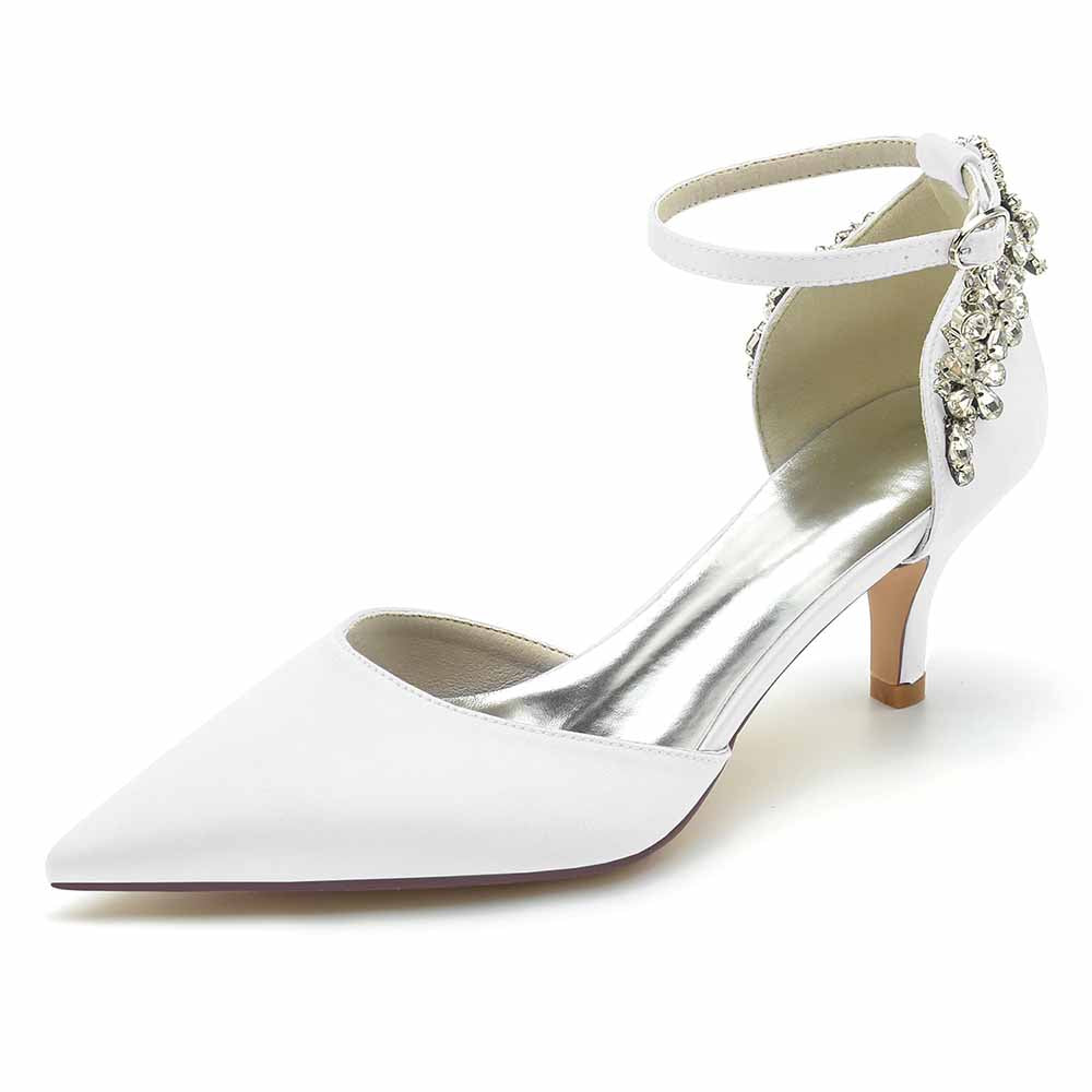 Women's Satin Heels Pointed Toe Bridal Wedding Heels With Crystals