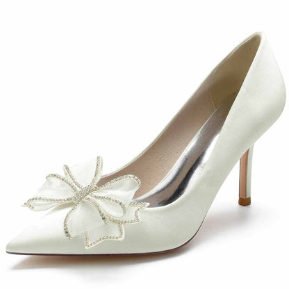 Women's Closed Pointed Toe High Heels with Bow Knot Satin Stiletto Pumps