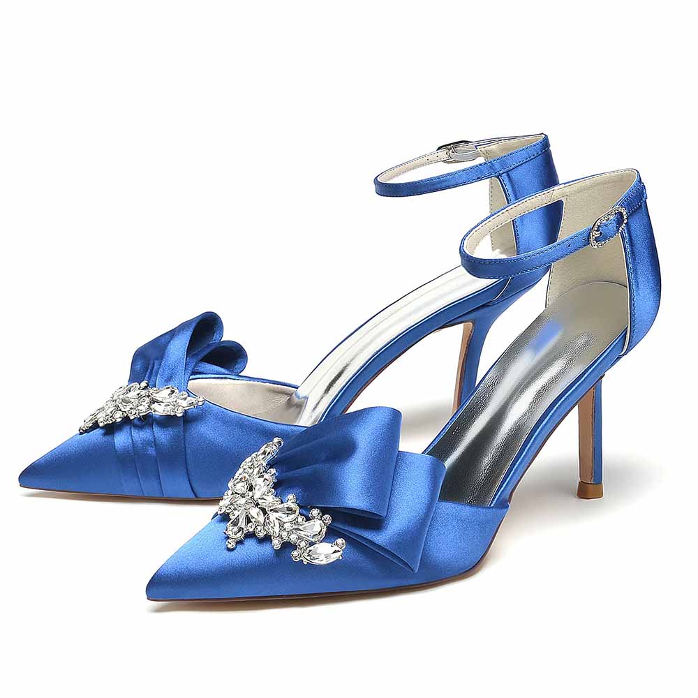 Satin Heels Ankle Strap Pumps With Beaded Closed Toe Event Shoes