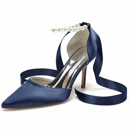 Bride Heels Satin Ankle Strap Pumps With Pearls Party Heel Shoes