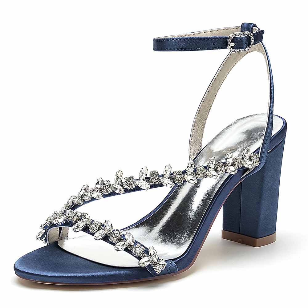 Women Rhinestones Heels Chunky Block Sandals Prom Heels