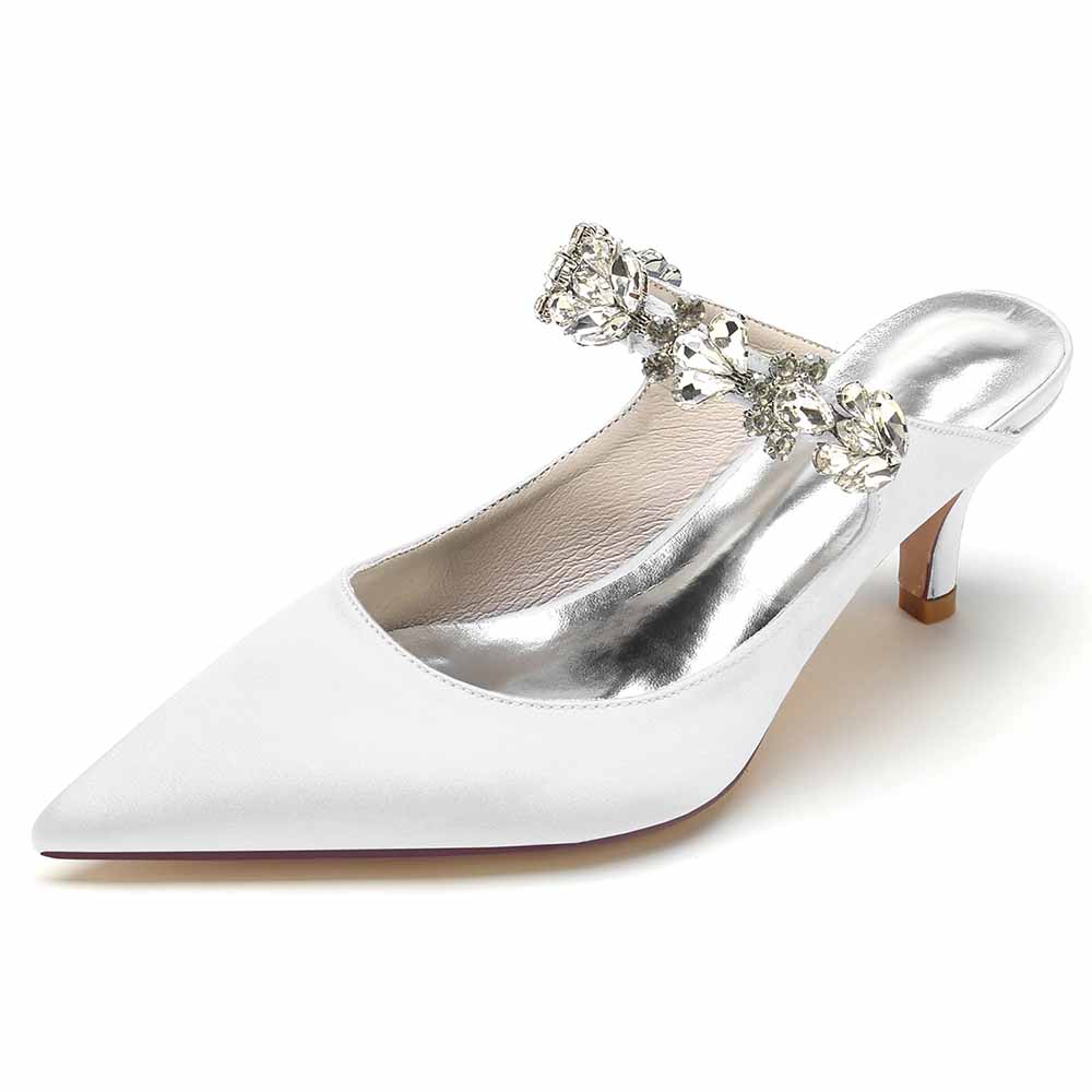 Low Heels Satin Pointed Toe Bridal Mules with Crystal Strap