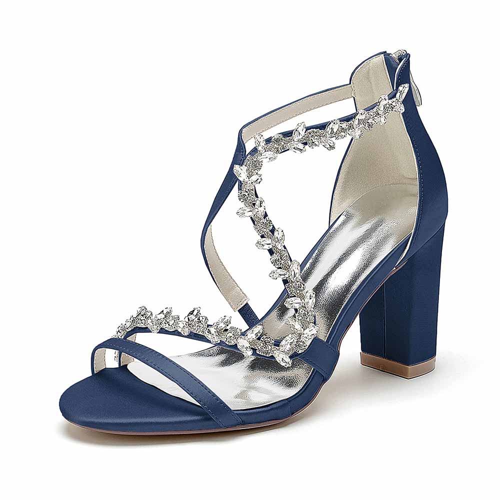 Women Rhinestones Heels Chunky Block Sandals X-Strap Prom Heels