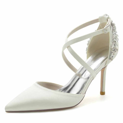 Beaded Wedding Satin Heels Crossed Strap Pumps Party Heels