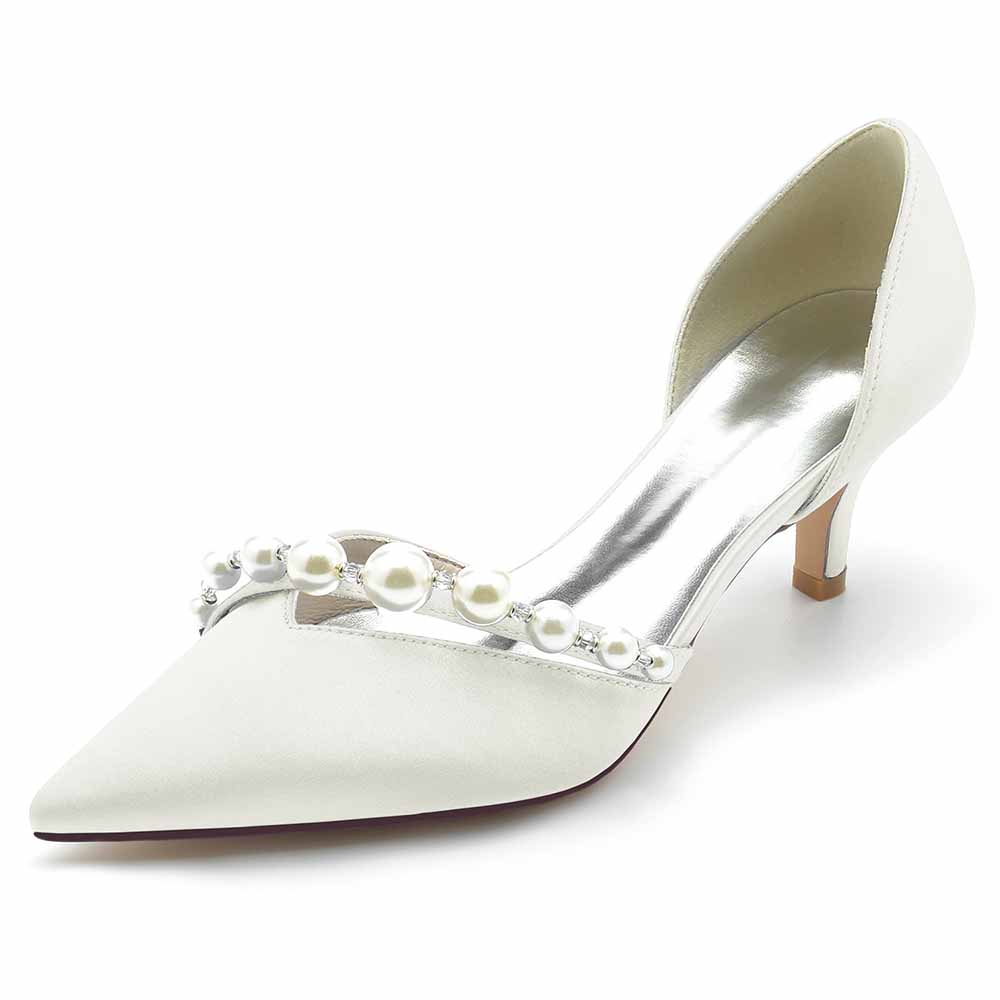Low Heels Pull-on Wedding Heels Satin Formal Shoes with Pearls Bridal Heels