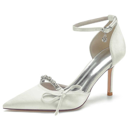 Elegant white satin prom heels with bow and ankle strap for a chic evening look
