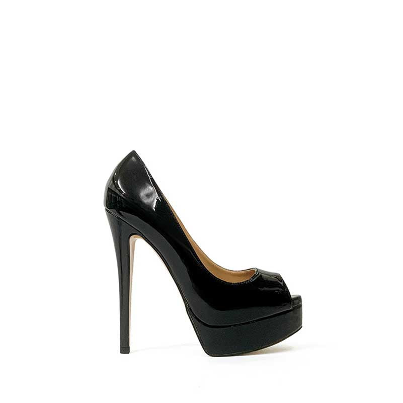 Elegant black 5.91 inch high heel party shoes with a glossy finish and chic peep toe design