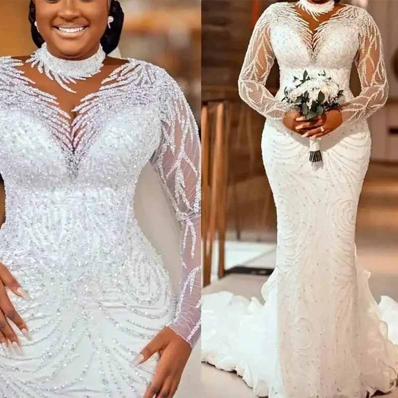 Elegant high neck glitter mermaid wedding dress by SD Dresscode with intricate bead detailing