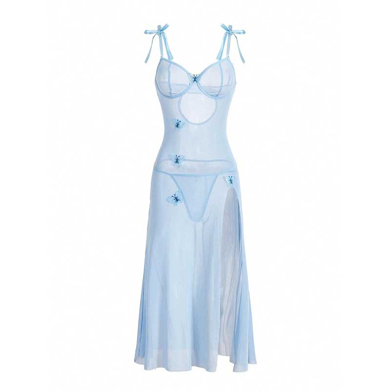 Light blue high split lace bodycon dress with lace-up straps and floral accents for a trendy look