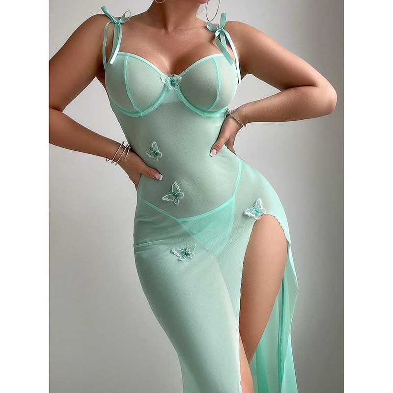 Elegant high split lace bodycon dress in mint green featuring butterfly accents and adjustable straps