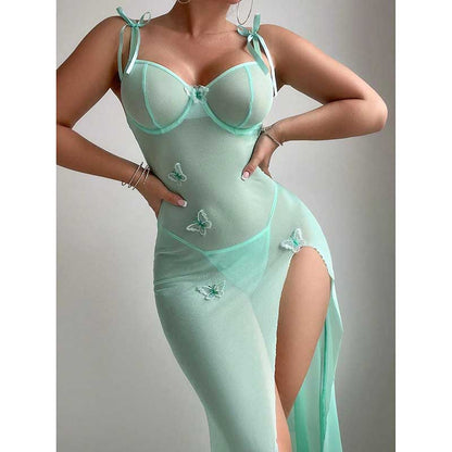 Elegant high split lace bodycon dress in mint green featuring butterfly accents and adjustable straps