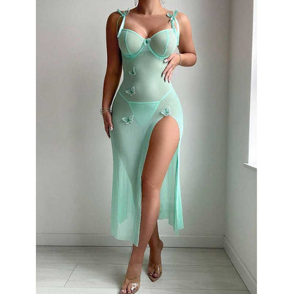 Mint Green High Split Lace Bodycon Dress with Butterfly Embellishments and Adjustable Straps
