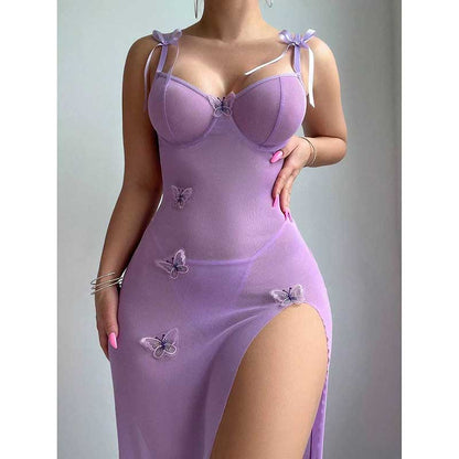 SD Dresscode high split lace bodycon dress in lavender with butterfly accents and adjustable straps