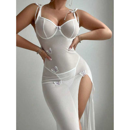 Elegant high split lace bodycon dress in white with butterfly details and adjustable straps