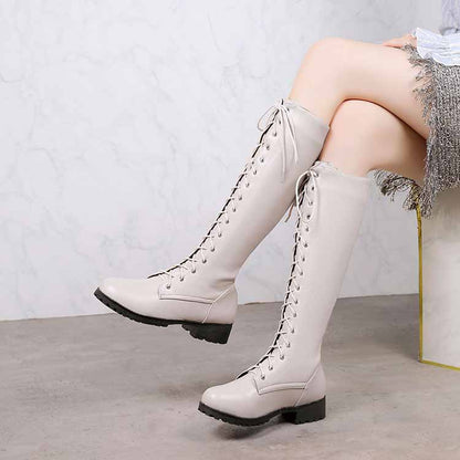 Women's lace up knee high boots plus size low heel boots