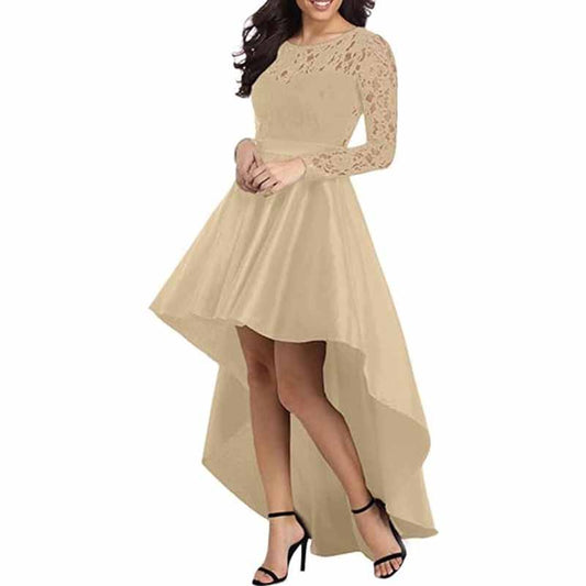 Long Sleeves Lace and Satin Wedding Guest Outfit A Line Bridesmaid Dress High-Low Prom Dress