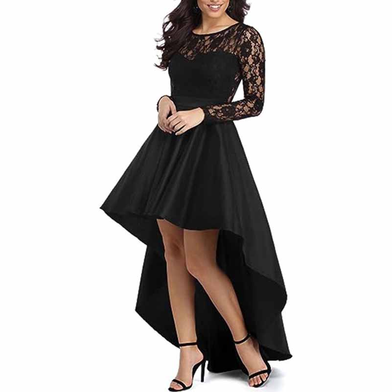 Long Sleeves Lace and Satin Wedding Guest Outfit A Line Bridesmaid Dress High-Low Prom Dress
