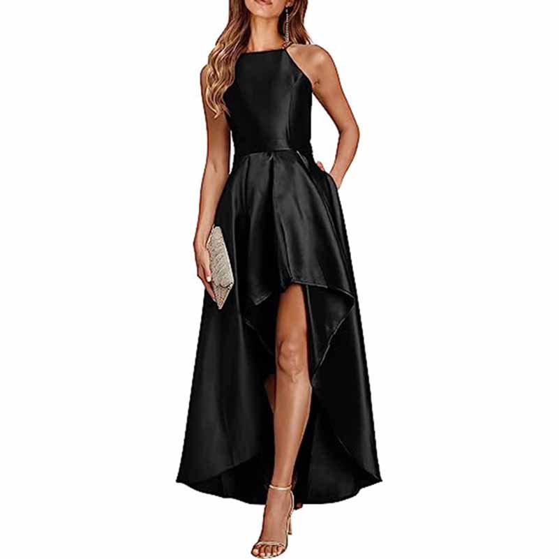 Sleeveless Satin Wedding Guest Outfit A Line Bridesmaid Dress High-Low Prom Dress