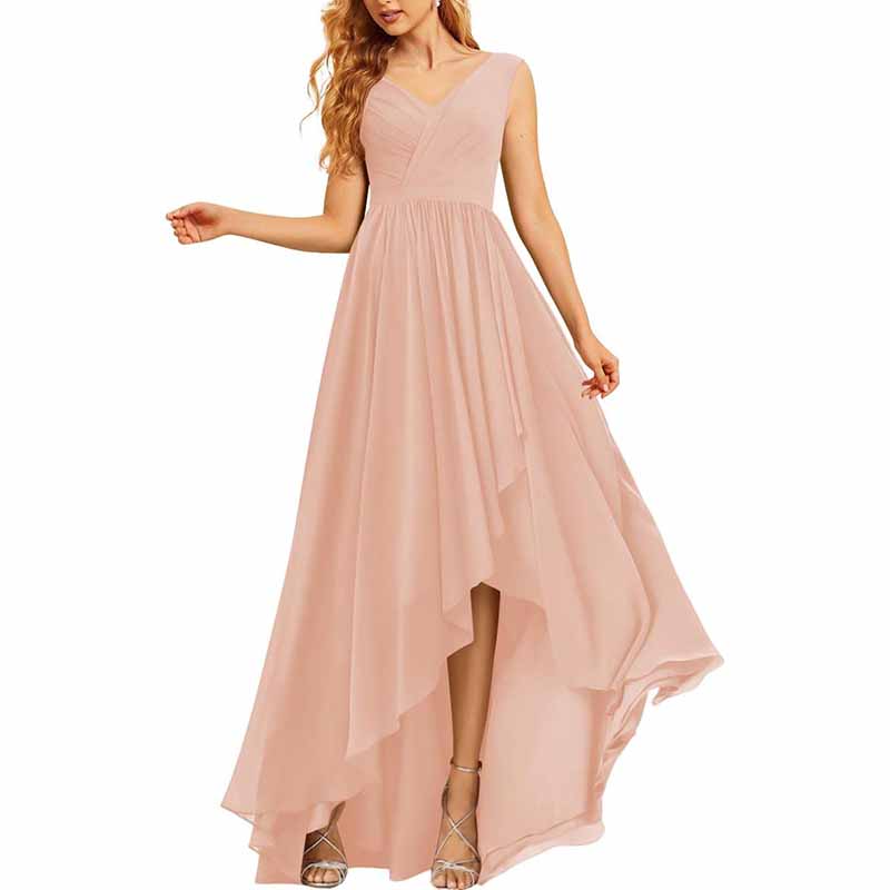 High Low Bridesmaid Dresses Long Ruched Chiffon V Neck Formal Evening Party Dress with Pockets