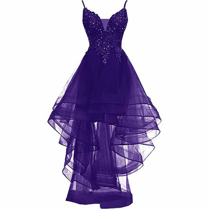 Homecoming Dress High Low Prom Dresses V Neck Cocktail Dress Lace Applique Beaded Spaghetti Straps Wedding Party
