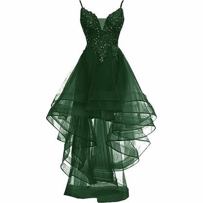 Homecoming Dress High Low Prom Dresses V Neck Cocktail Dress Lace Applique Beaded Spaghetti Straps Wedding Party