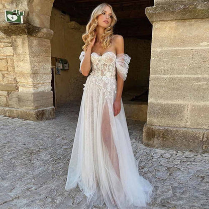 Sweep Train A-Line Princess Off-The-Shoulder Boho Wedding Dress With Lace
