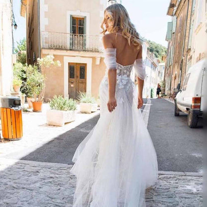 Sweep Train A-Line Princess Off-The-Shoulder Boho Wedding Dress With Lace