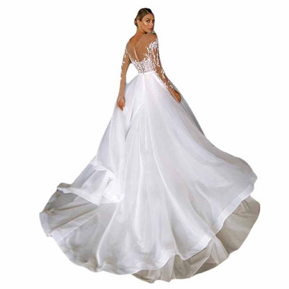 A-line Princess Boho Bridal Dress Long Sleeves Scoop Neck Covered Button Wedding Dress With Appliqued