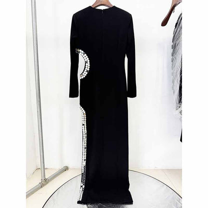 Long Sleeve Black Maxi Dress With Hollowout Design and Sequin
