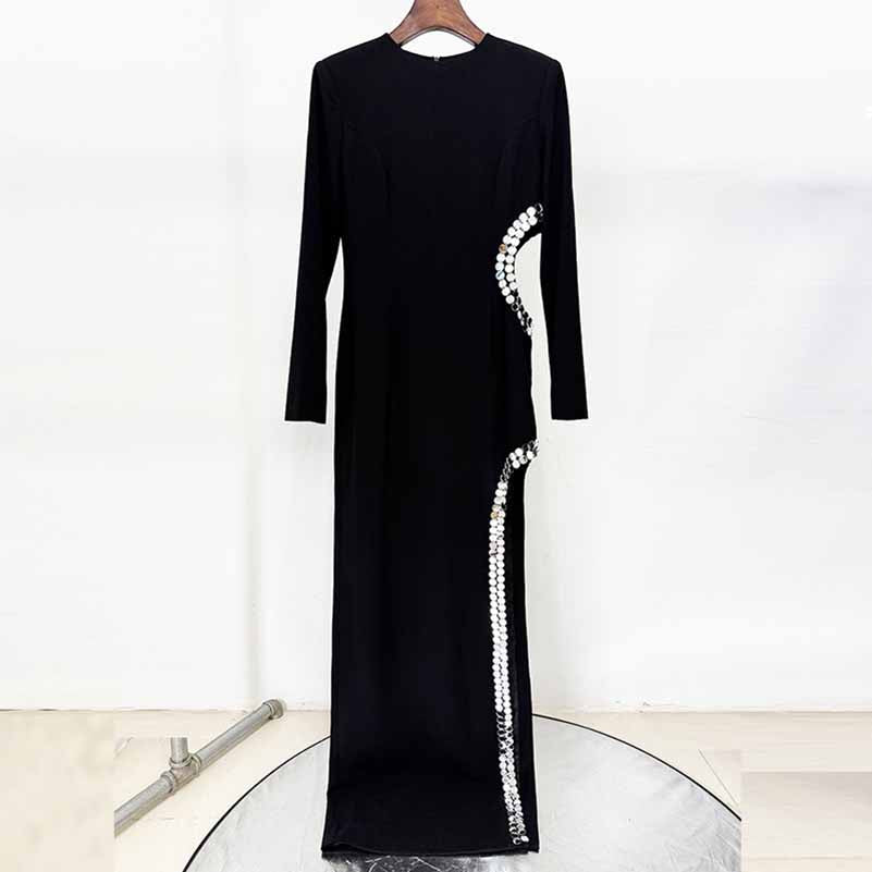 Long Sleeve Black Maxi Dress With Hollowout Design and Sequin