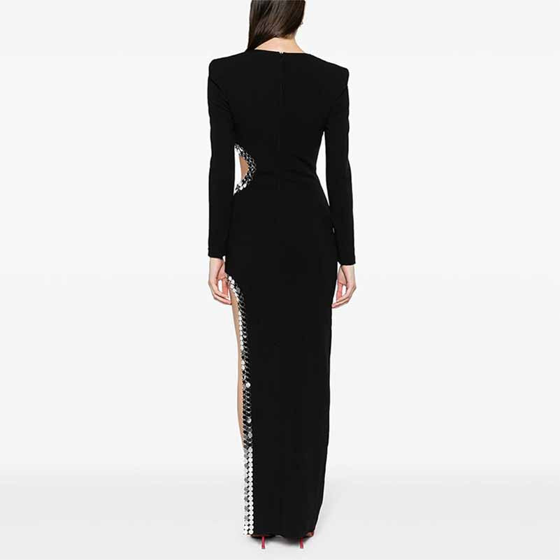 Long Sleeve Black Maxi Dress With Hollowout Design and Sequin