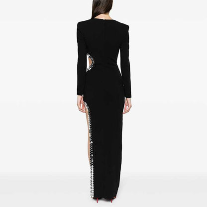 Long Sleeve Black Maxi Dress With Hollowout Design and Sequin