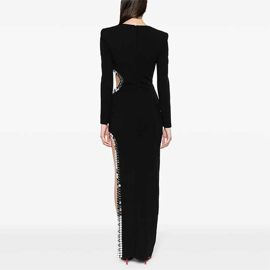 Long Sleeve Black Maxi Dress With Hollowout Design and Sequin
