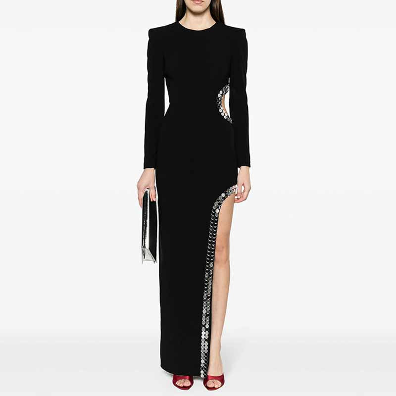 Long Sleeve Black Maxi Dress With Hollowout Design and Sequin