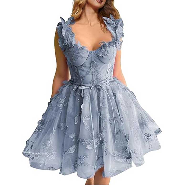 Square Neck 3D Lace Appliqued Tulle Short Prom Dress Birthday dress