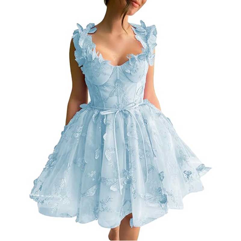 Square Neck 3D Lace Appliqued Tulle Short Prom Dress Birthday dress