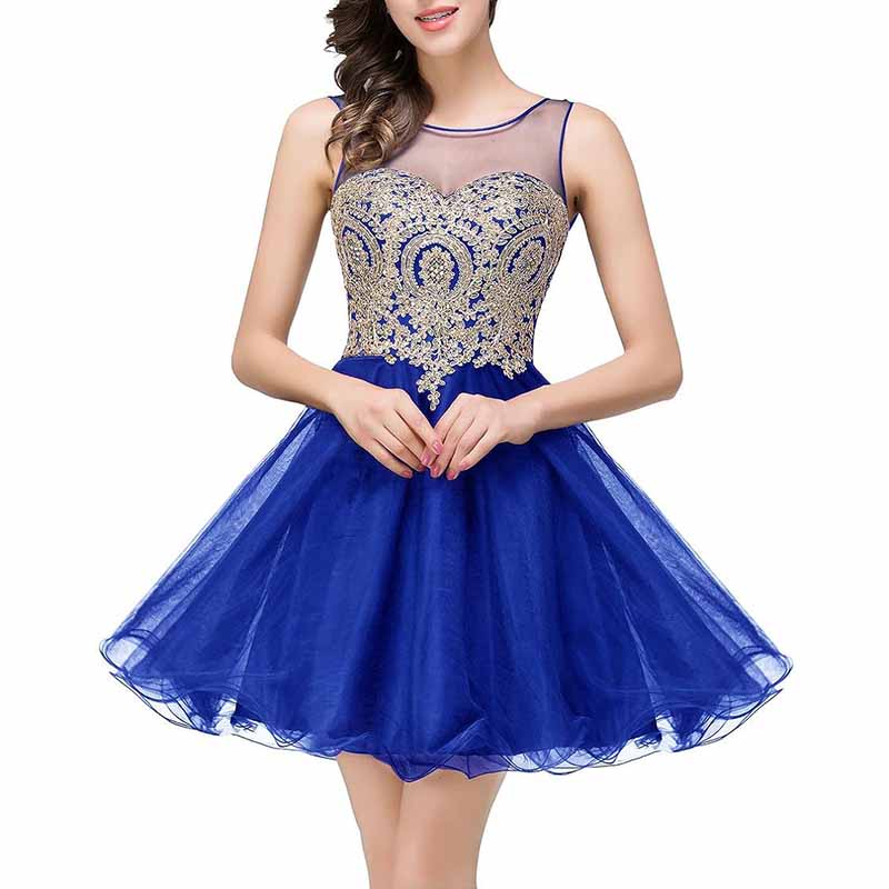 Women Gold Applique Homecoming Wedding Party Guest Dresses Gala Party Short Dress
