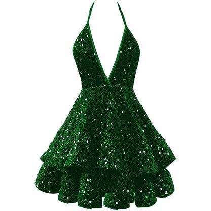 Short Homecoming Dresses Sparkly Halter Tiered Mini Cocktail Evening Party Dresses