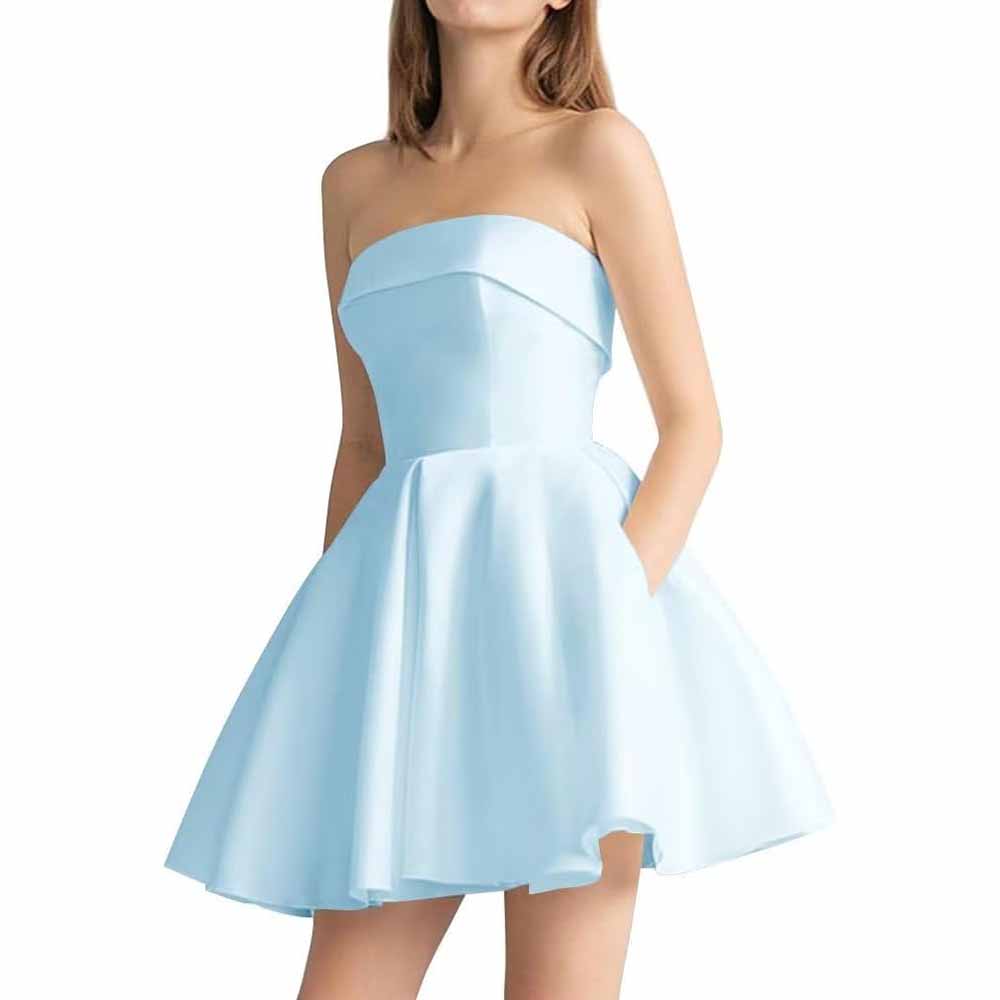 Women's Strapless Satin Short Prom Dresses with Pocket A Line Glitter Homecoming Dress