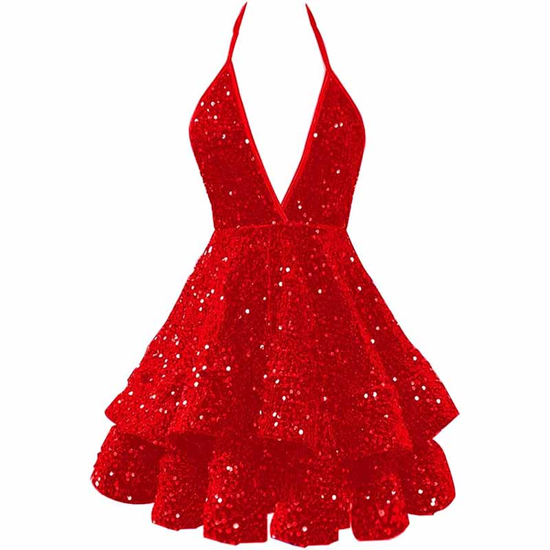 Teens Homecoming Dresses Sparkly Halter Tiered Mini Cocktail Evening Party Dresses