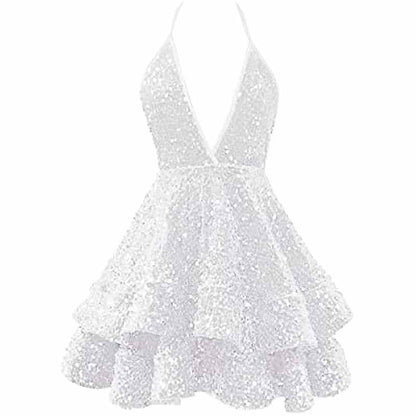 Short Homecoming Dresses Sparkly Halter Tiered Mini Cocktail Evening Party Dresses