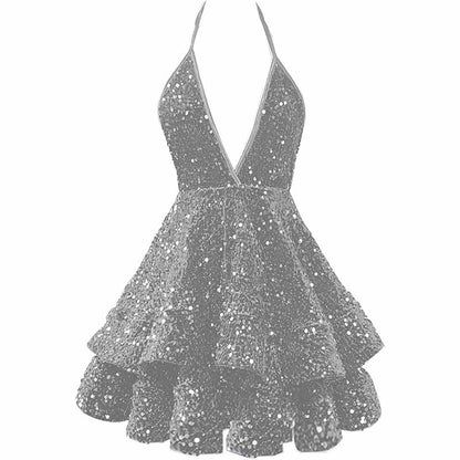 Short Homecoming Dresses Sparkly Halter Tiered Mini Cocktail Evening Party Dresses