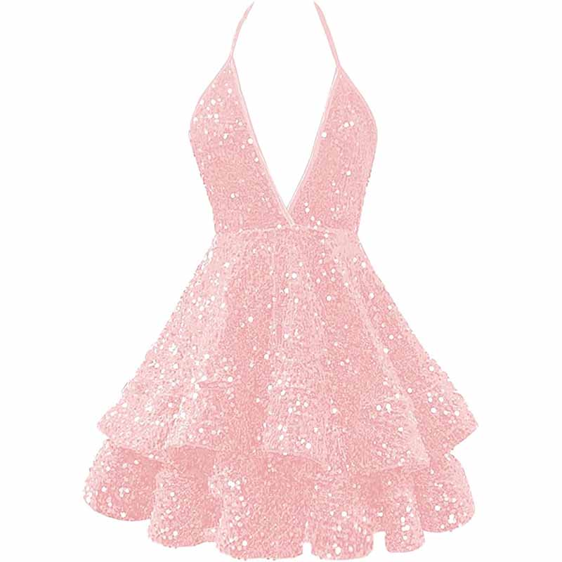 Teens Homecoming Dresses Sparkly Halter Tiered Mini Cocktail Evening Party Dresses