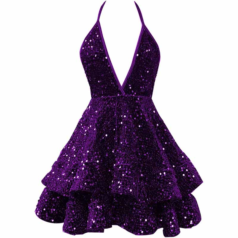 Teens Homecoming Dresses Sparkly Halter Tiered Mini Cocktail Evening Party Dresses