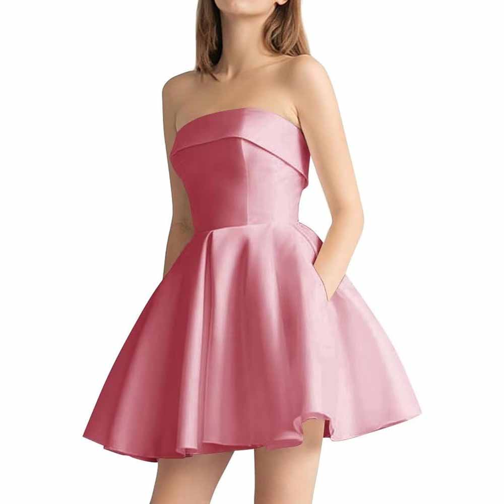 Women's Strapless Satin Short Prom Dresses with Pocket A Line Glitter Homecoming Dress