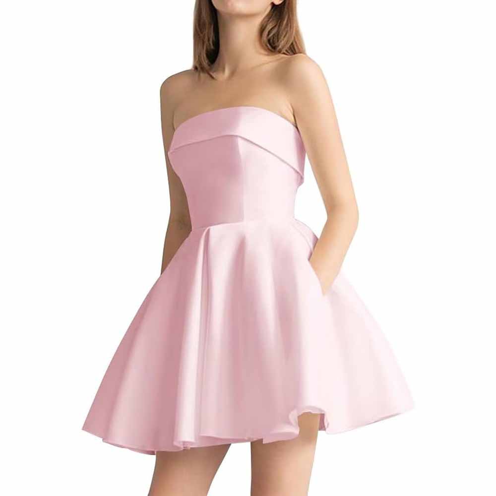 Women's Strapless Satin Short Prom Dresses with Pocket A Line Glitter Homecoming Dress