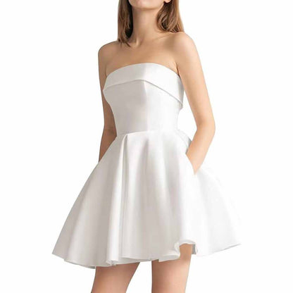 Women's Strapless Satin Short Prom Dresses with Pocket A Line Glitter Homecoming Dress