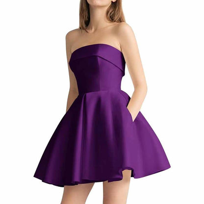 Women's Strapless Satin Short Prom Dresses with Pocket A Line Glitter Homecoming Dress